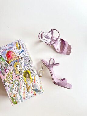 JEFFREY CAMPBELL Gema Lilac Metallic Suede Clear Beaded Heel Sandals, Size 8